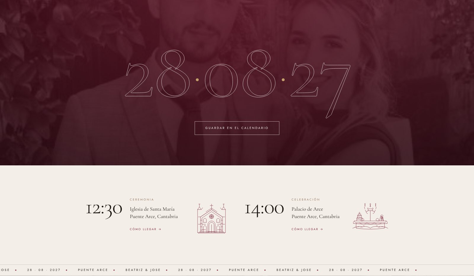 Save-the-date button, ceremony and reception with directions.