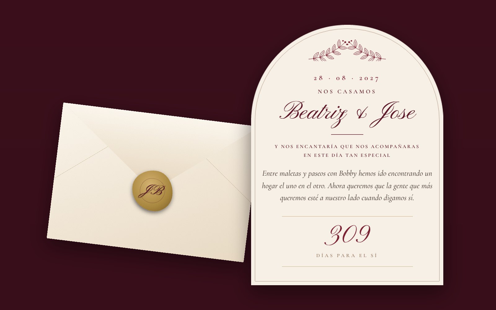 The wax-sealed envelope with the initials and the arched card.