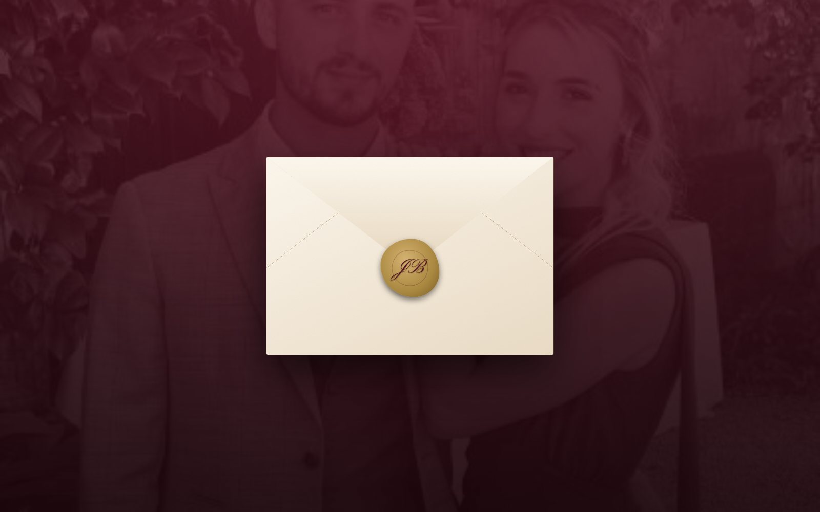 What guests see first: the sealed envelope over the couple’s photo.