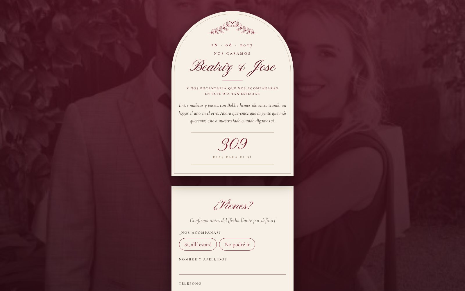Once opened: the card with the date, the names and the countdown.