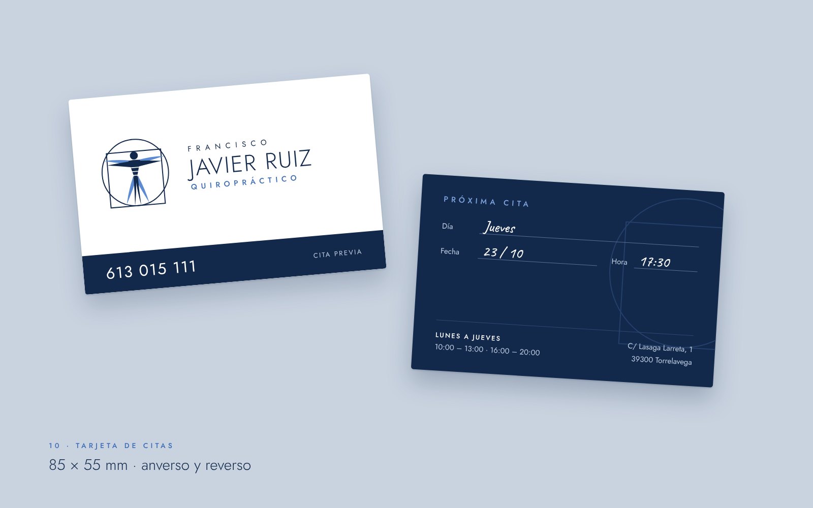 Tarjeta de citas de 85 × 55 mm, anverso y reverso.