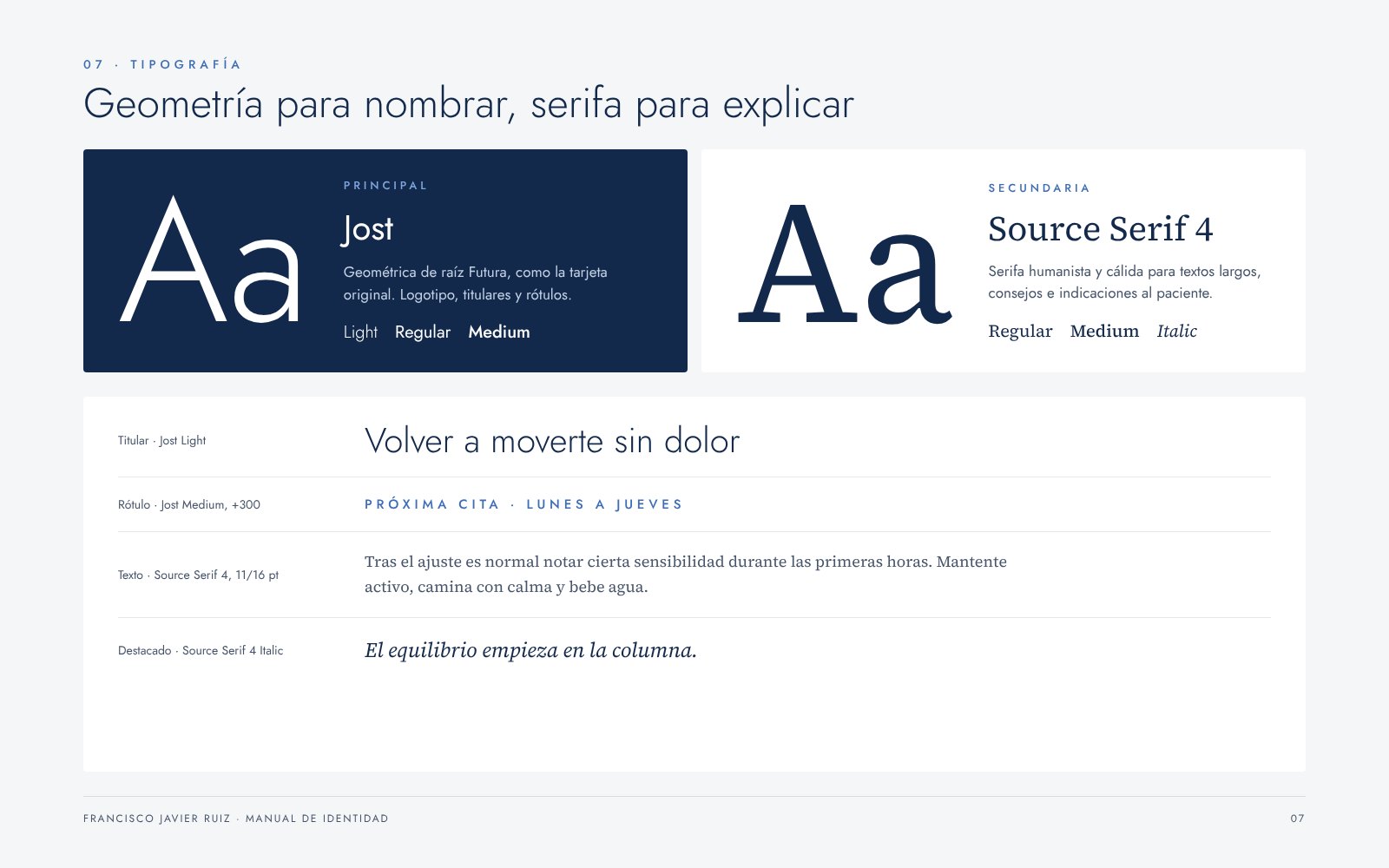 Jost para nombrar y Source Serif 4 para explicar.