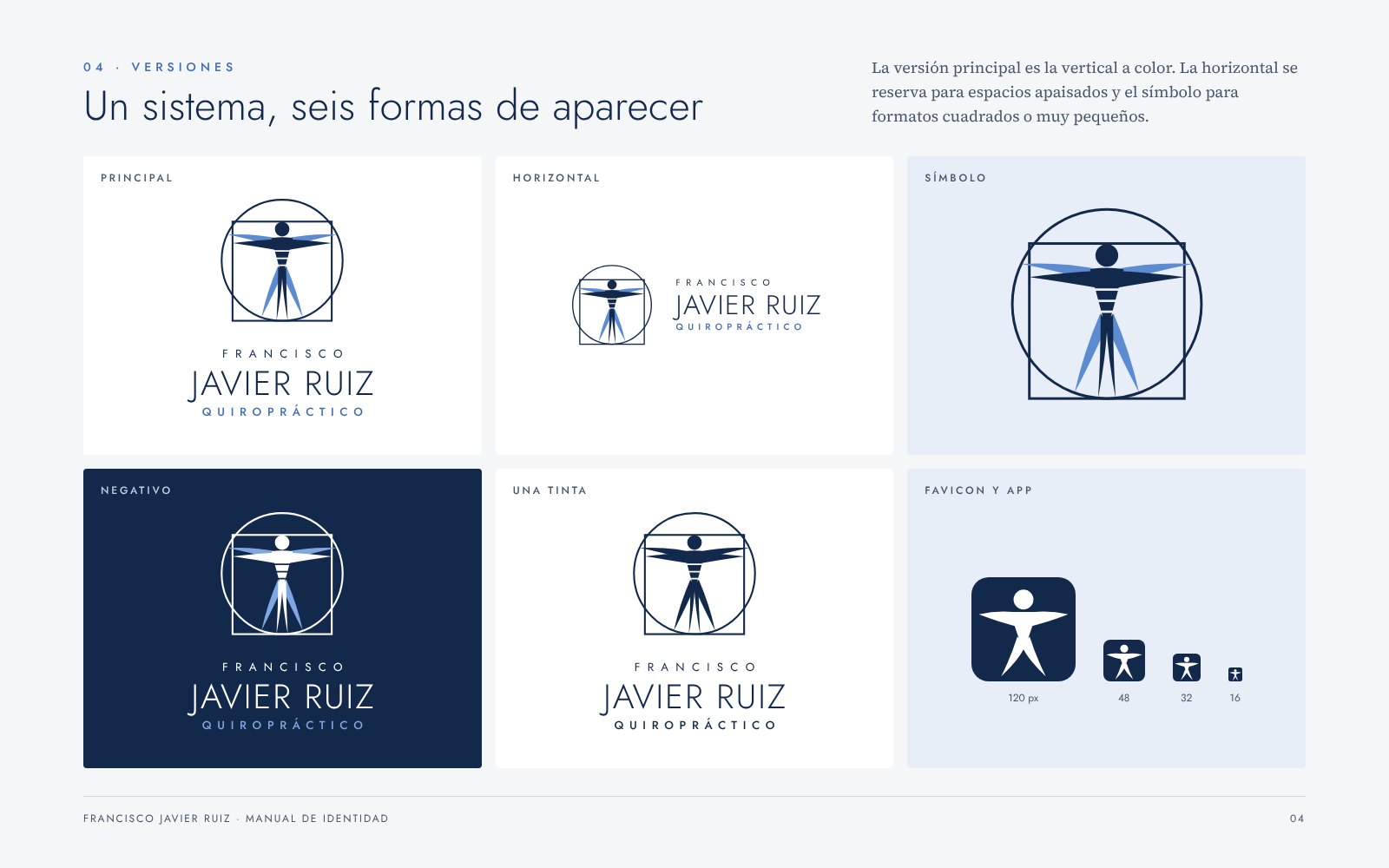 Seis versiones: principal, horizontal, símbolo, negativo, una tinta y favicon.