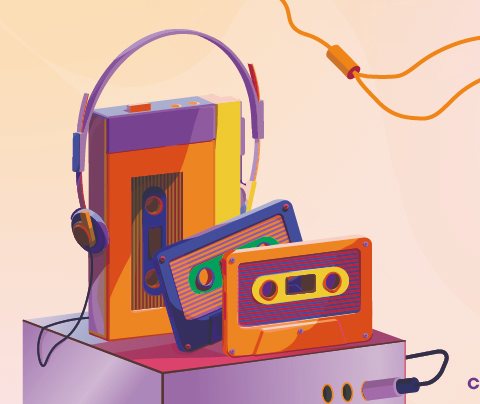 Walkman con cascos, cassettes y radiocasete sobre una peana
