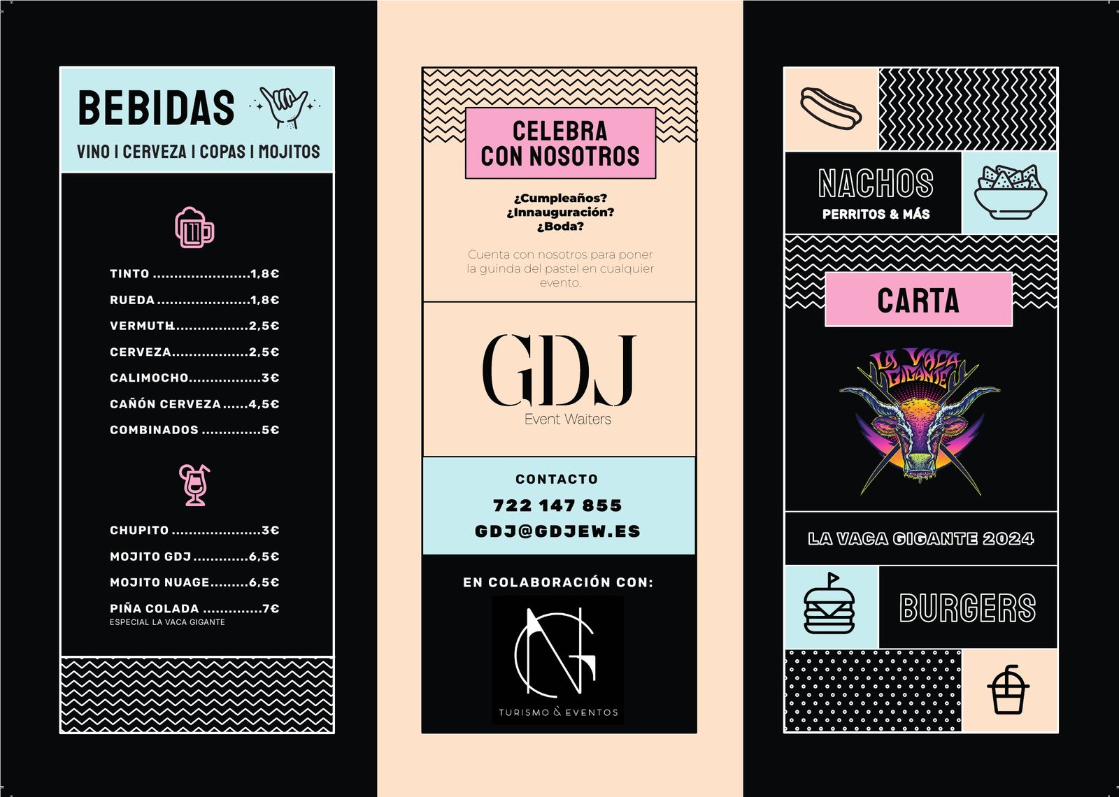 Cara exterior del tríptico: bebidas, panel de GDJ Event Waiters y portada con el logo de La Vaca Gigante