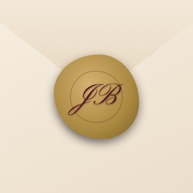 Sello de lacre dorado con las iniciales JB