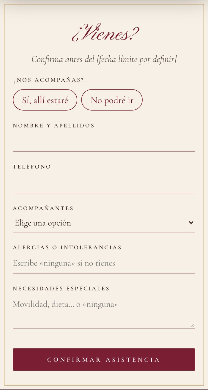 Formulario «¿Vienes?» con asistencia, acompañantes, alergias y necesidades