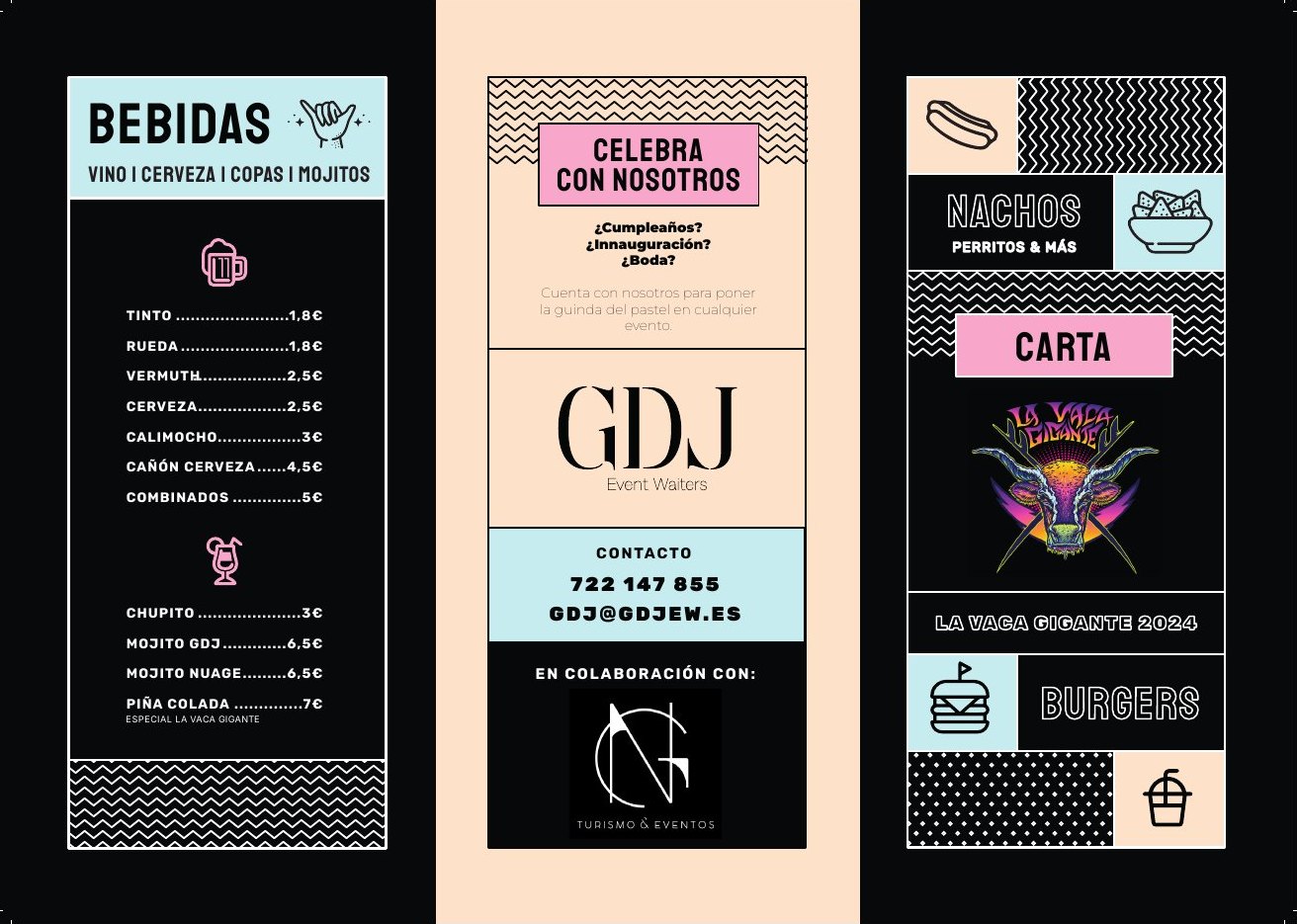 Carta tríptico de La Vaca Gigante 2024 en negro, rosa, celeste y melocotón