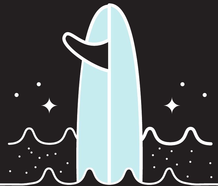 Ilustración de una tabla de surf entre olas, con estrellas y espuma