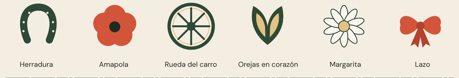 Iconos: herradura, amapola, rueda del carro, orejas en corazón, margarita y lazo