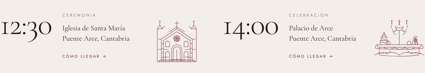 Horario: ceremonia a las 12:30 en la iglesia y celebración a las 14:00, con ilustraciones de línea