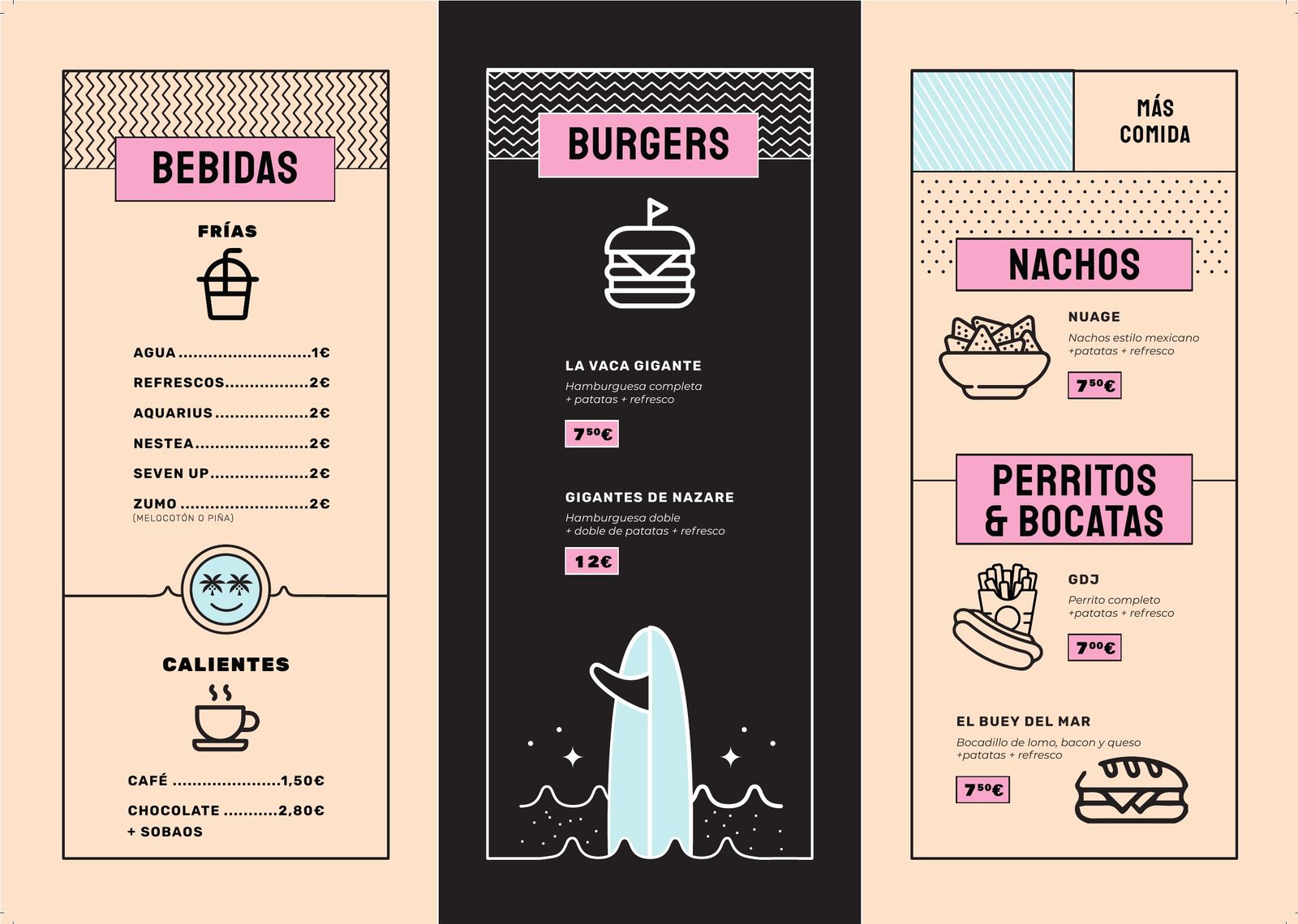 Cara interior del tríptico: bebidas frías y calientes, burgers y más comida