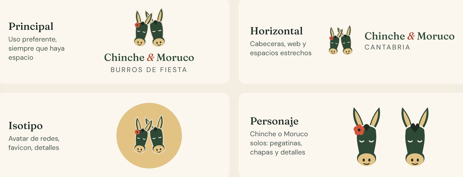 Versiones del logo: principal, horizontal, isotipo y personaje